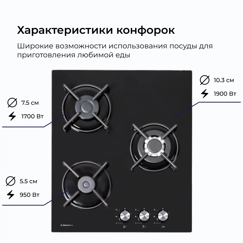Фото 4 Газовая варочная панель Delvento V45N35S011 44 см 3 конфорки цвет черное стекло Фото 4 Газовая варочная панель Delvento V45N35S011 44 см 3 конфорки цвет черное стекло