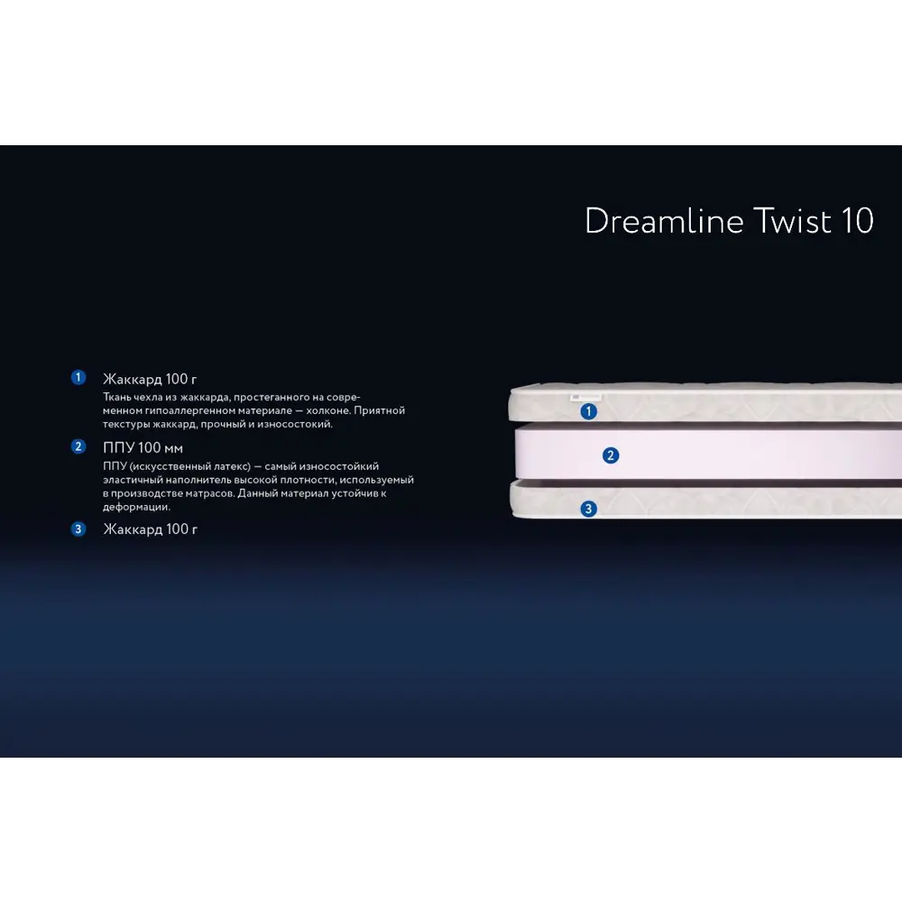 Фото 2 Матрас Dreamline Twist 10 160x195x10 см беспружинный, двуспальный Фото 2 Матрас Dreamline Twist 10 160x195x10 см беспружинный, двуспальный
