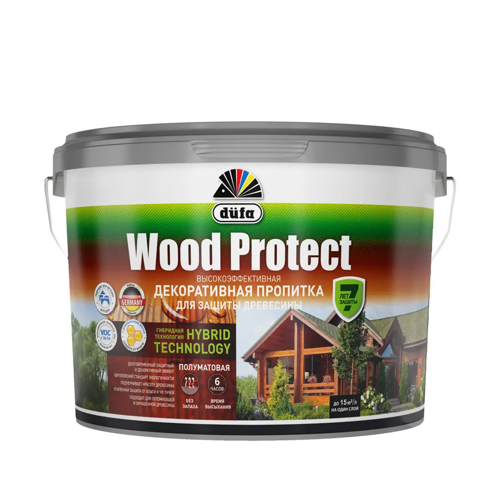 Фото 2 Пропитка для древесины Dufa Wood Protect полуматовая сосна 9 л Фото 2 Пропитка для древесины Dufa Wood Protect полуматовая сосна 9 л