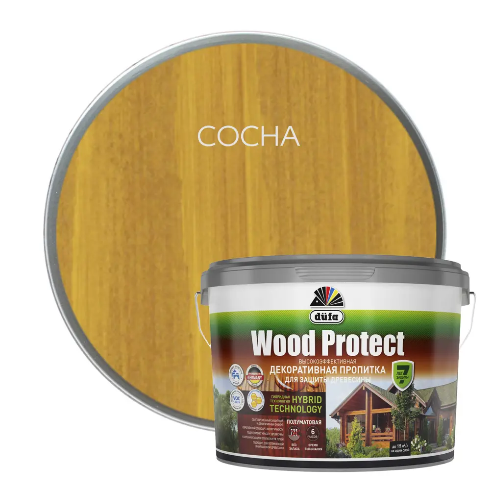Фото Пропитка для древесины Dufa Wood Protect полуматовая сосна 9 л Фото Пропитка для древесины Dufa Wood Protect полуматовая сосна 9 л