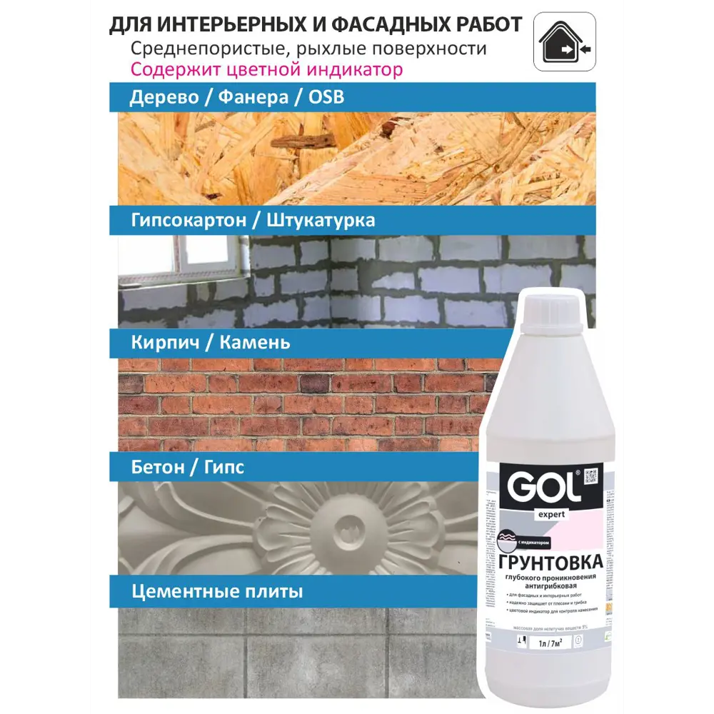 Фото 2 Грунтовка антигрибковая с индикатором GOL розовый 1л Фото 2 Грунтовка антигрибковая с индикатором GOL розовый 1л