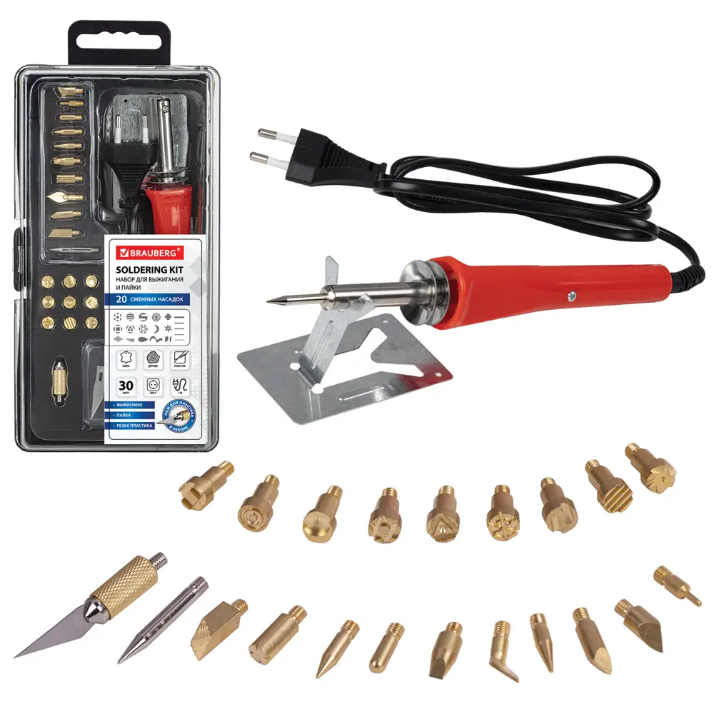 Фото 2 Набор для выжигания по дереву/коже и пайки (паяльник) 20 насадок + нож, в пластиковом кейсе, Brauberg 664701 Фото 2 Набор для выжигания по дереву/коже и пайки (паяльник) 20 насадок + нож, в пластиковом кейсе, Brauberg 664701