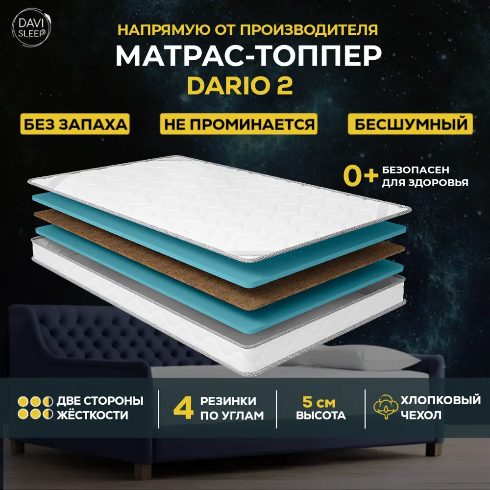 Фото 2 Топпер Davi Sleep Soft Dario 2 155x190x5 см беспружинный, двуспальный Фото 2 Топпер Davi Sleep Soft Dario 2 155x190x5 см беспружинный, двуспальный