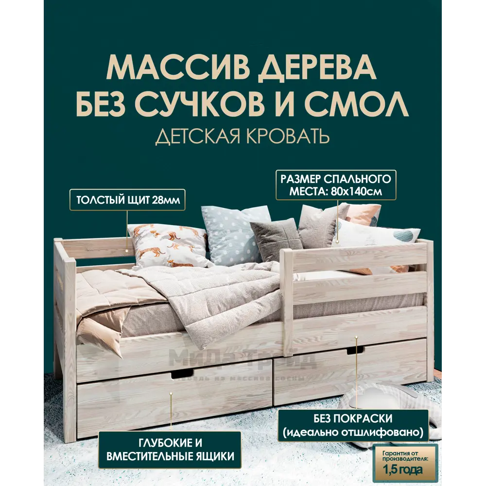 Фото Кровать детская Мида трейд Бонни 80x31x140 см массив сосны цвет без покрытия Фото Кровать детская Мида трейд Бонни 80x31x140 см массив сосны цвет без покрытия