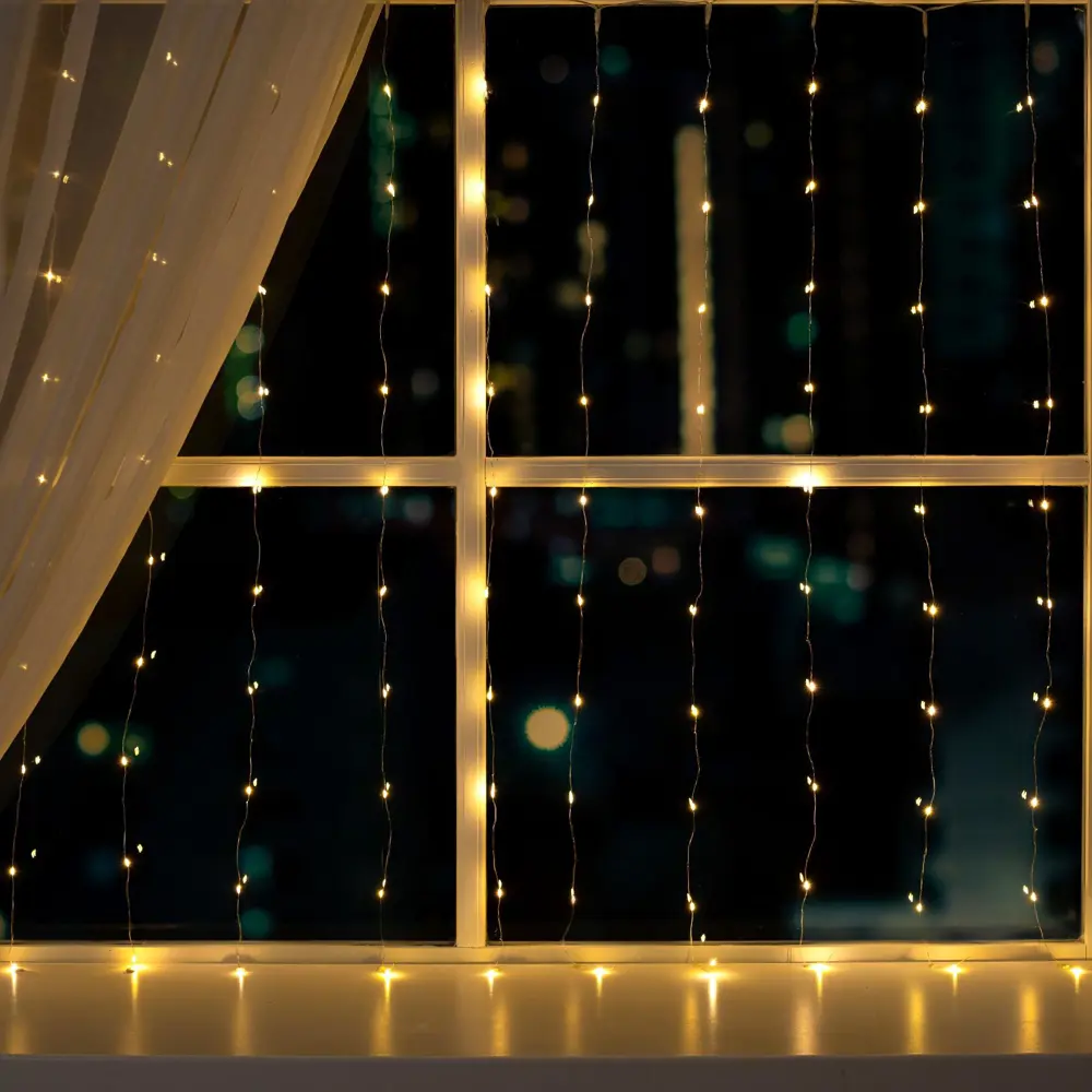 Фото Электрогирлянда универсальная Luazon lighting занавес 1x1 м 100 ламп теплый белый (желтый) 1 режим работы Фото Электрогирлянда универсальная Luazon lighting занавес 1x1 м 100 ламп теплый белый (желтый) 1 режим работы