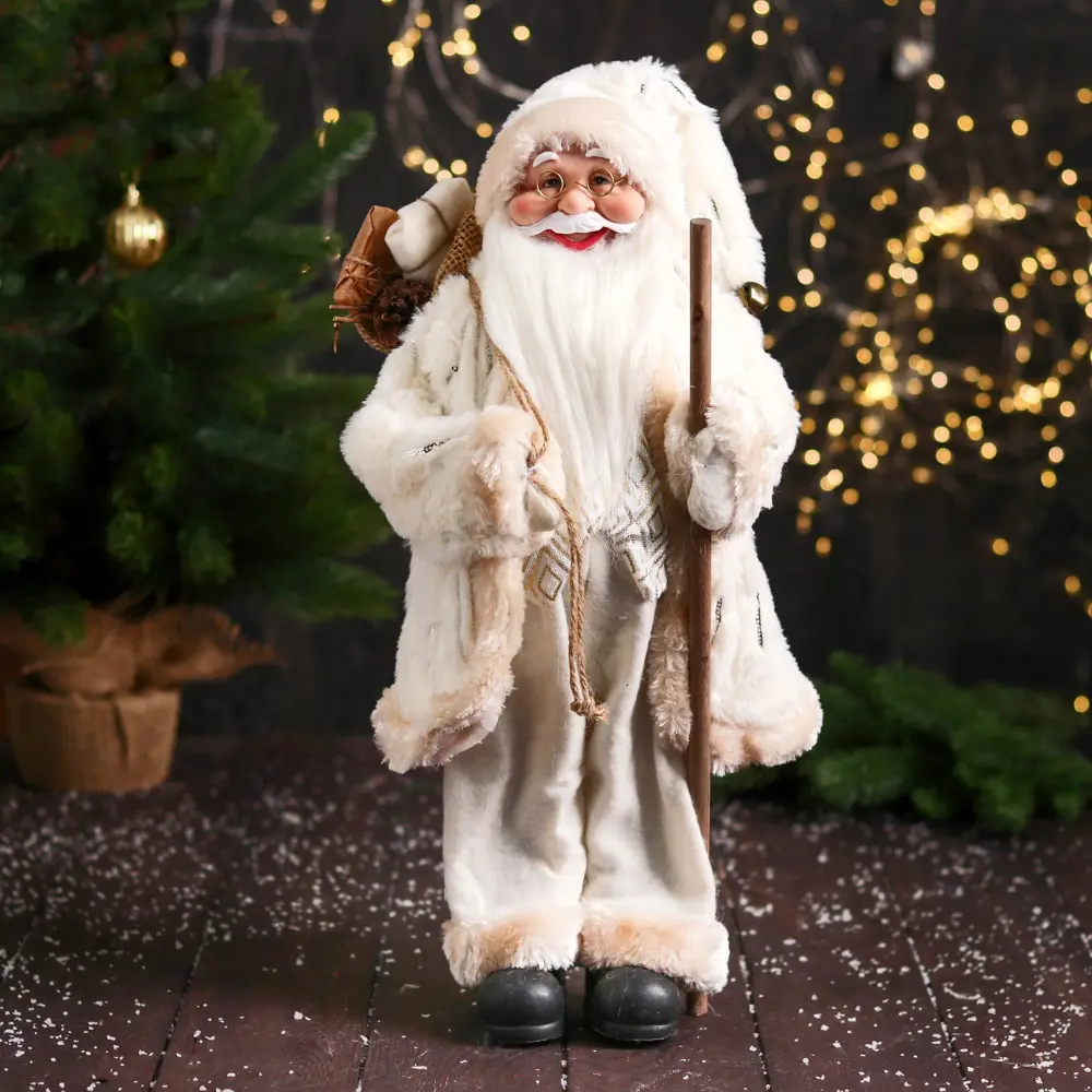 Фото Фигура декоративная Зимнее Волшебство Дед Мороз В пушистой шубе посохом и мешком 47 см белый