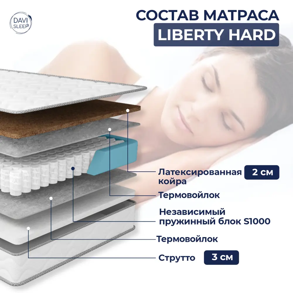 Фото 3 Матрас Davi Sleep Soft Liberty Hard 95x180x21 см независимый пружинный блок, односпальный Фото 3 Матрас Davi Sleep Soft Liberty Hard 95x180x21 см независимый пружинный блок, односпальный
