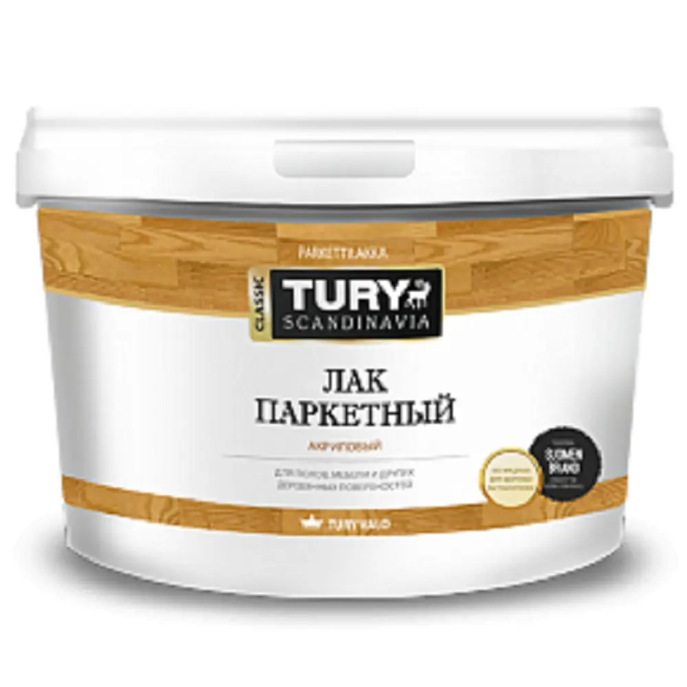 Фото Паркетный лак акриловый Tury полуглянцевый бесцветный 1.80 л Фото Паркетный лак акриловый Tury полуглянцевый бесцветный 1.80 л