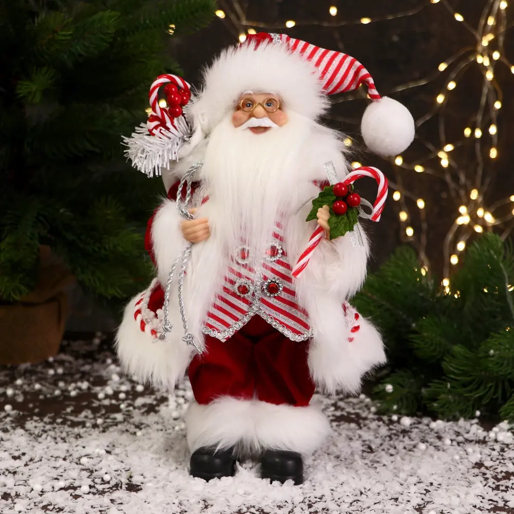 Фото Декоративная фигура Зимнее волшебство Дед Мороз В костюмчике с полосками h 32 см красный