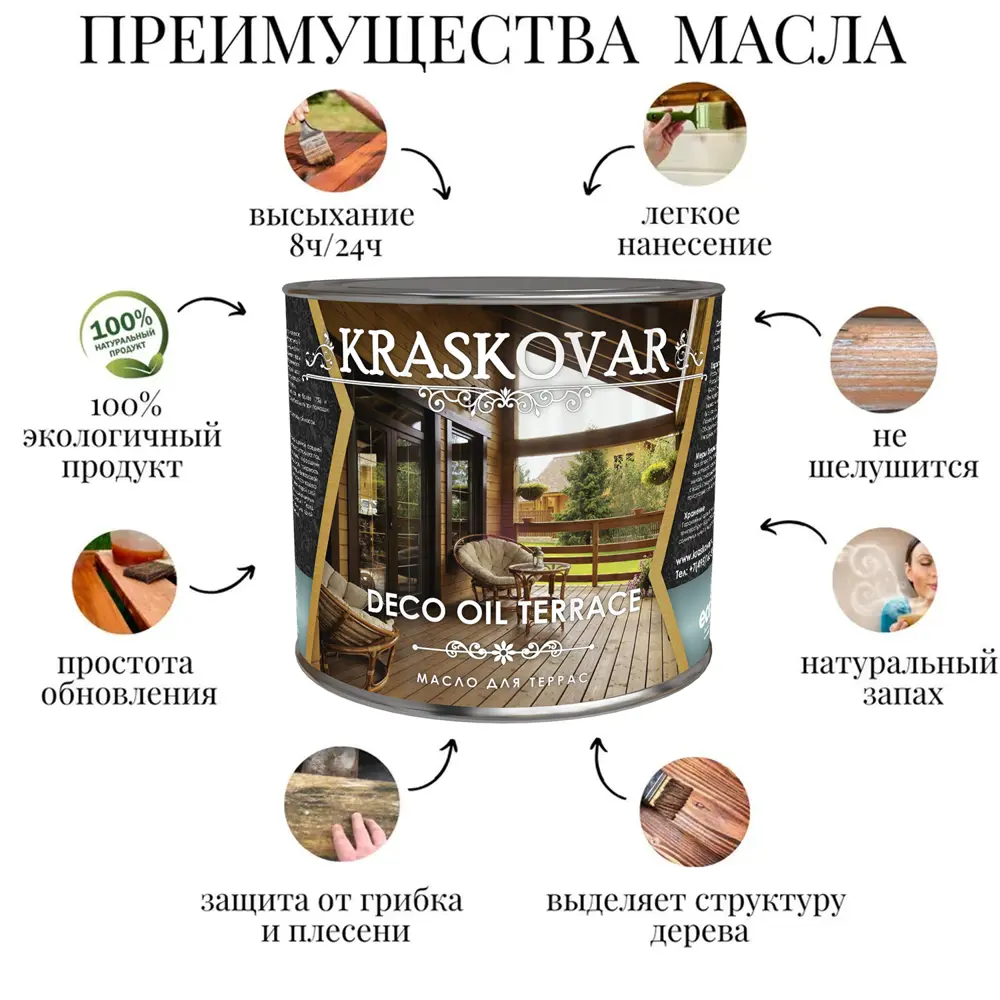 Фото 3 Масло для террас Kraskovar Deco Oil Terrace Дуб 0.75 л Фото 3 Масло для террас Kraskovar Deco Oil Terrace Дуб 0.75 л
