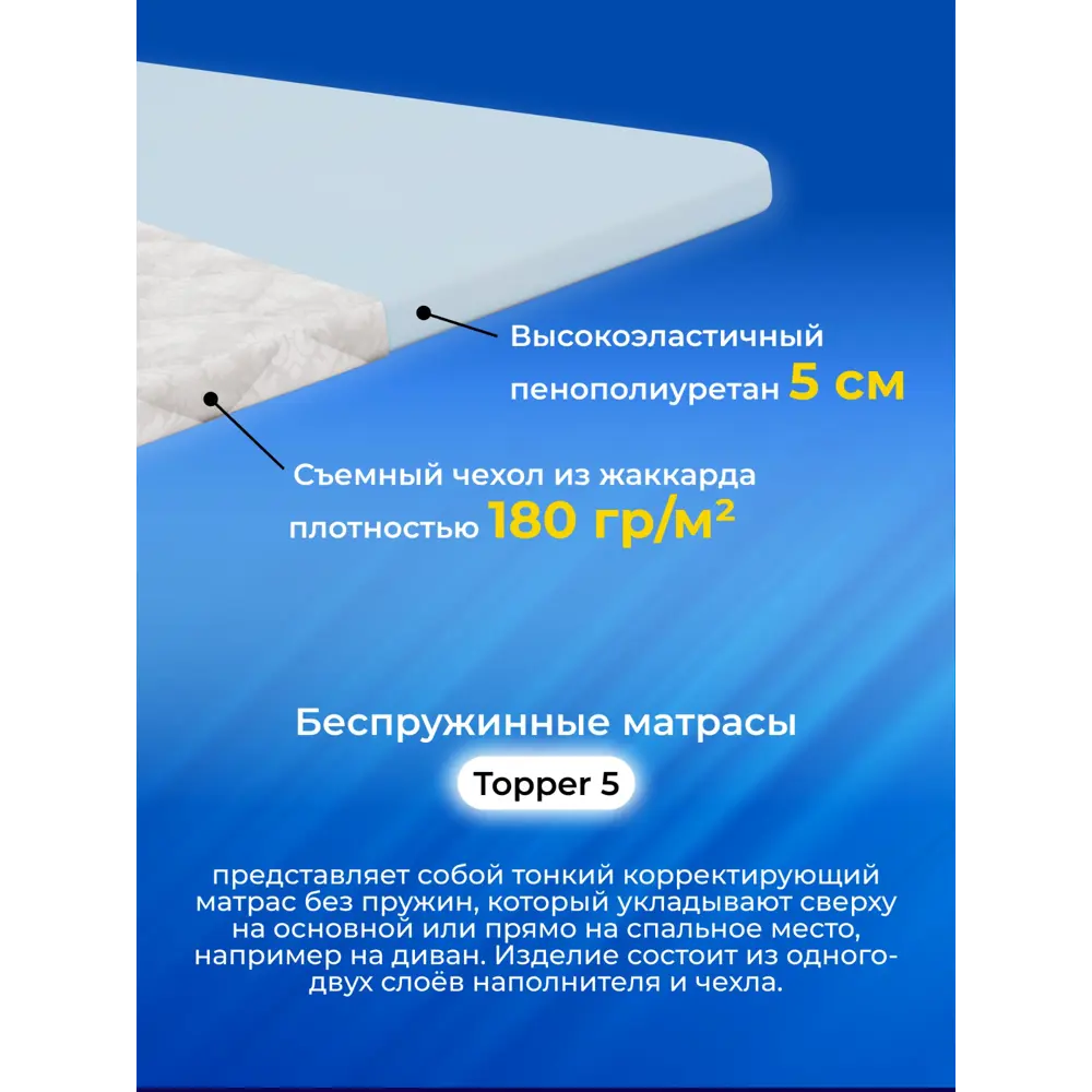 Фото 3 Матрас-топпер EmiSon Topper 5 160x200x5 см, с резинками, беспружинный, двуспальный