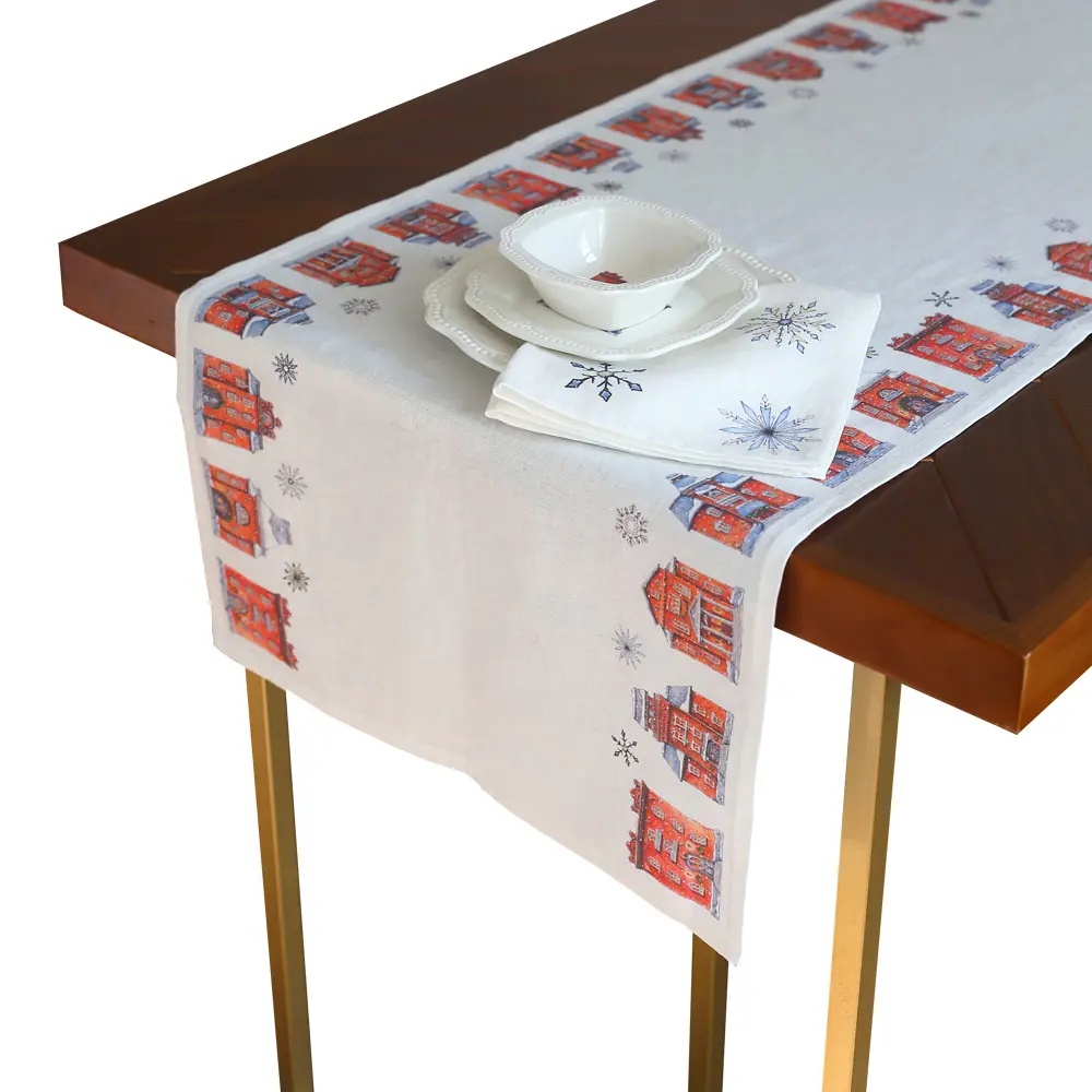 Фото Скатерть на стол Myatashop Snow Town прямоугольная 45x145 см, цвет натуральный белый Фото Скатерть на стол Myatashop Snow Town прямоугольная 45x145 см, цвет натуральный белый