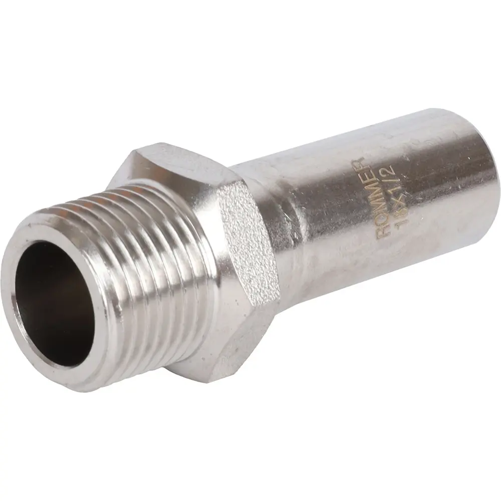 Фото Муфта переходная Rommer 1/2"x18 мм НПр-НР нержавеющая сталь Фото Муфта переходная Rommer 1/2"x18 мм НПр-НР нержавеющая сталь