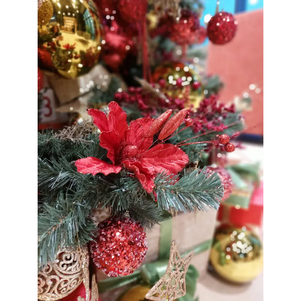 Фото 3 Украшение цветок на ветке 40см красный новогодний Фото 3 Украшение цветок на ветке 40см красный новогодний