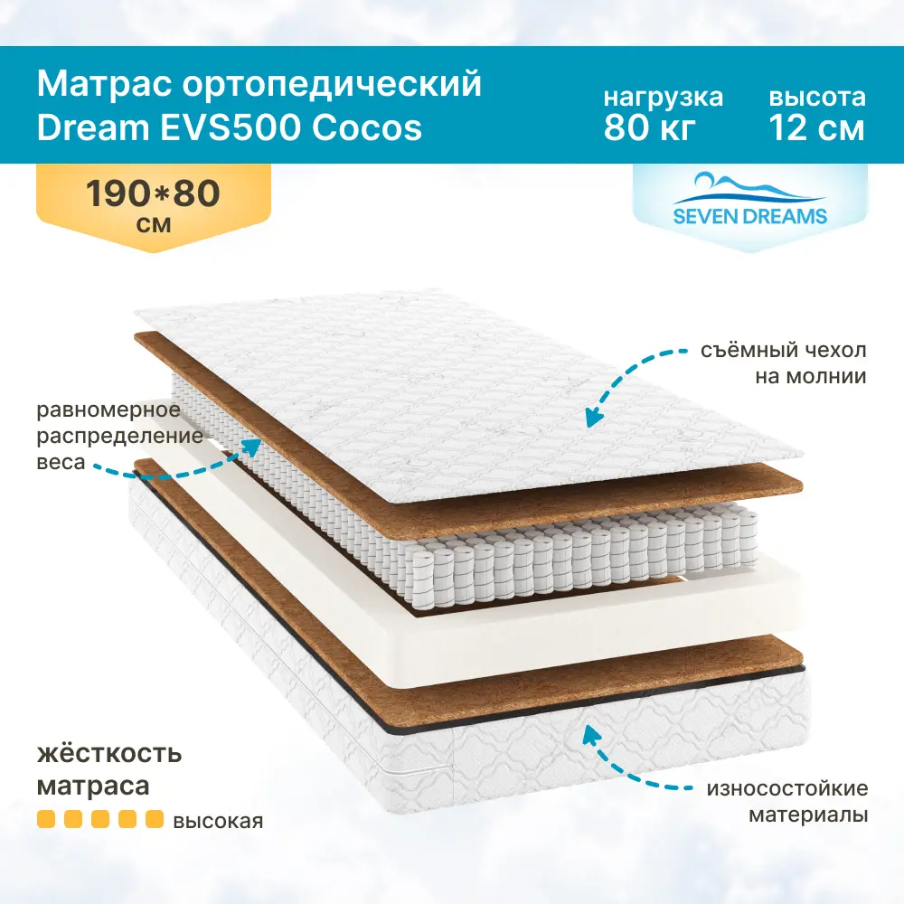 Фото Матрас Seven Dreams Dream EVS500 Cocos 80x12x190 см независимый пружинный блок, односпальный Фото Матрас Seven Dreams Dream EVS500 Cocos 80x12x190 см независимый пружинный блок, односпальный