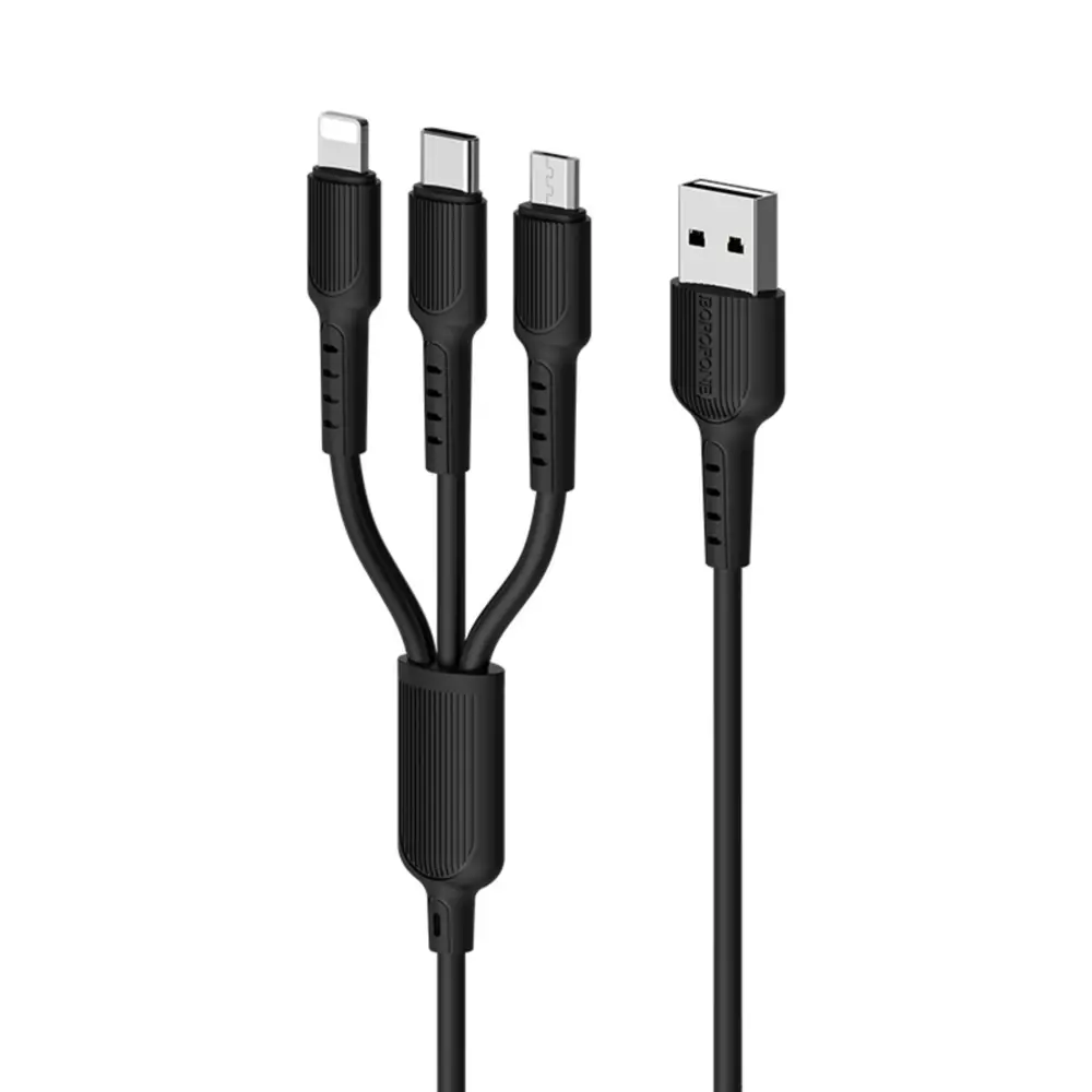 Фото 2 Кабель Borofone X16 3 в 1 Lightning/microUSB/Type-C 2.4 А 1 м TPE оплётка цвет чёрный Фото 2 Кабель Borofone X16 3 в 1 Lightning/microUSB/Type-C 2.4 А 1 м TPE оплётка цвет чёрный