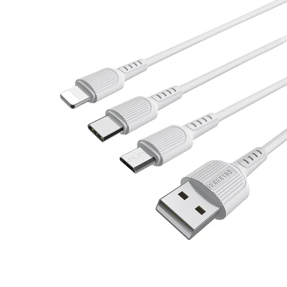 Фото 2 Кабель Borofone X16 3 в 1 Lightning/microUSB/Type-C 2.4 А 1 м TPE оплётка цвет белый Фото 2 Кабель Borofone X16 3 в 1 Lightning/microUSB/Type-C 2.4 А 1 м TPE оплётка цвет белый