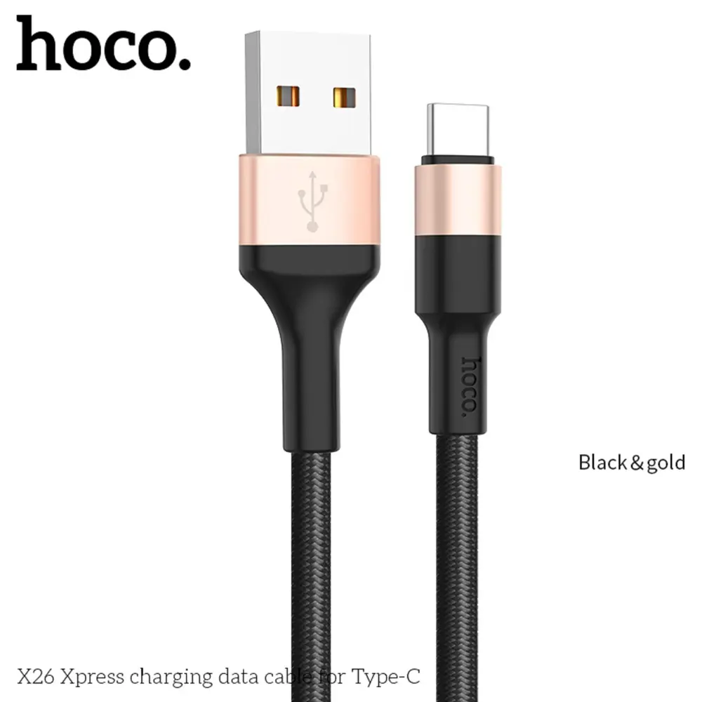 Фото 2 Кабель Hoco X26 Type-C - USB 3 А 1 м нейлоновая оплетка чёрно-золотистый Фото 2 Кабель Hoco X26 Type-C - USB 3 А 1 м нейлоновая оплетка чёрно-золотистый
