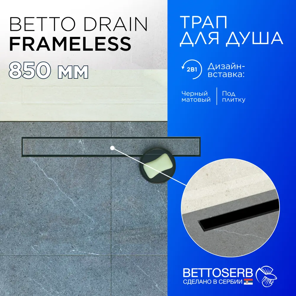 Фото Трап для душа Bettoserb Frameless Line 850 Black Matte с комбинированным затвором Фото Трап для душа Bettoserb Frameless Line 850 Black Matte с комбинированным затвором