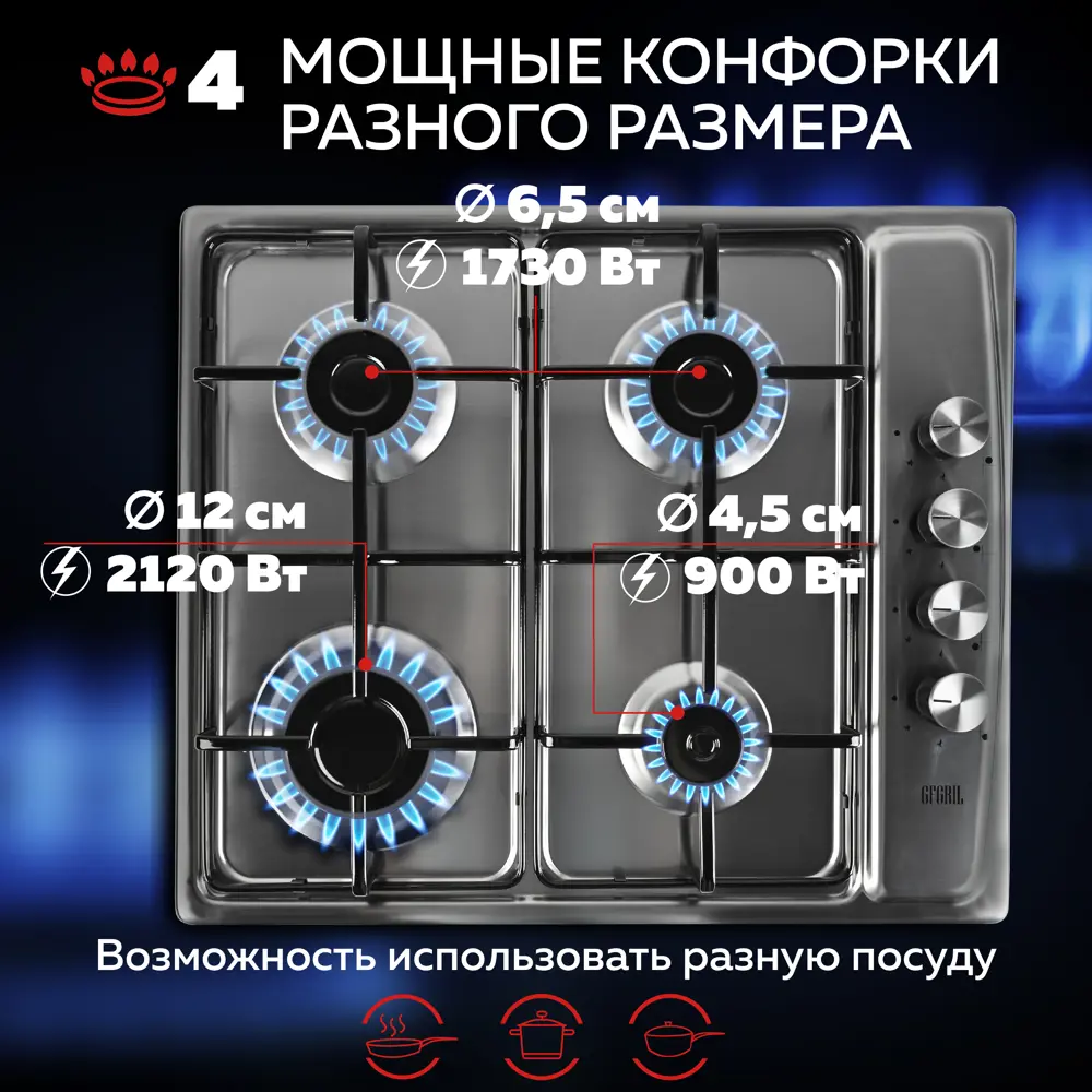 Фото 5 Газовая варочная панель Gfgril GF-HBG104IN 58 см 4 конфорки цвет нержавейка Фото 5 Газовая варочная панель Gfgril GF-HBG104IN 58 см 4 конфорки цвет нержавейка