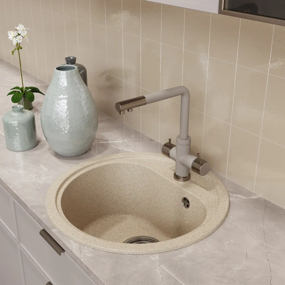 Фото 4 Врезная мойка Mixline ML-GM10 (328) NEW 44x44x18 см искусственный камень цвет бежевый Фото 4 Врезная мойка Mixline ML-GM10 (328) NEW 44x44x18 см искусственный камень цвет бежевый