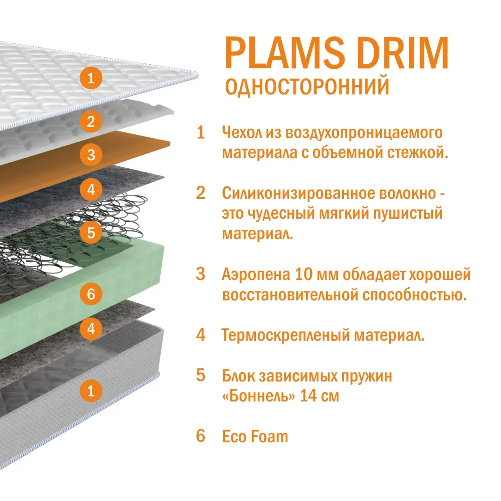 Фото 4 Матрас Plams Drim 140x190x16 см односторонний, зависимый пружинный блок, полутораспальный Фото 4 Матрас Plams Drim 140x190x16 см односторонний, зависимый пружинный блок, полутораспальный