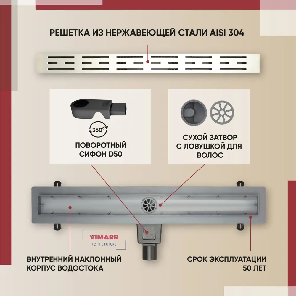 Фото 4 Трап для душа Vimarr C-2 800 мм горизонтальный выход D50 мм Фото 4 Трап для душа Vimarr C-2 800 мм горизонтальный выход D50 мм