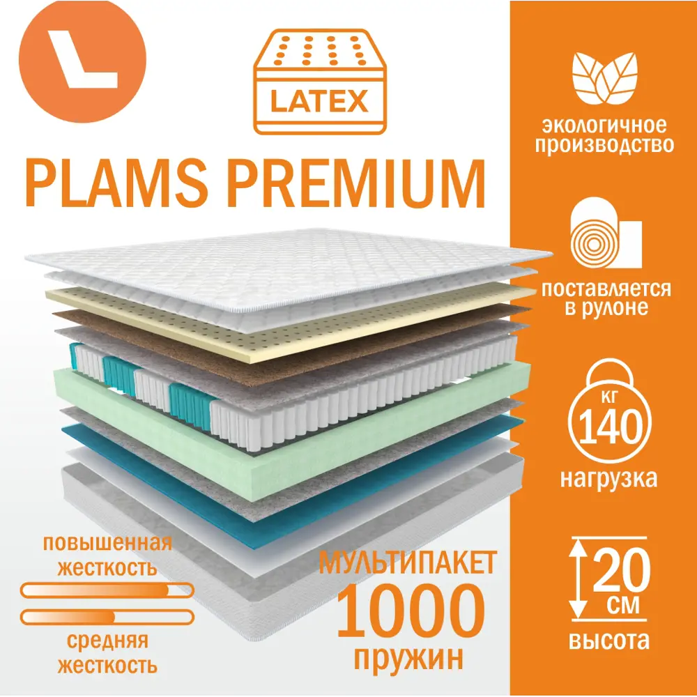 Фото 2 Матрас Plams Premium 140x200x20 см независимый пружинный блок, полутораспальный Фото 2 Матрас Plams Premium 140x200x20 см независимый пружинный блок, полутораспальный