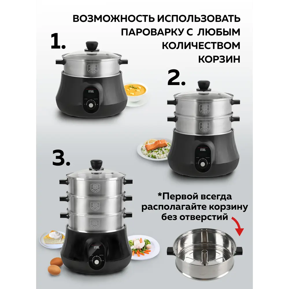 Фото 6 Электрическая пароварка Gfgril GFS-11D 3 яруса цвет черный/хром Фото 6 Электрическая пароварка Gfgril GFS-11D 3 яруса цвет черный/хром