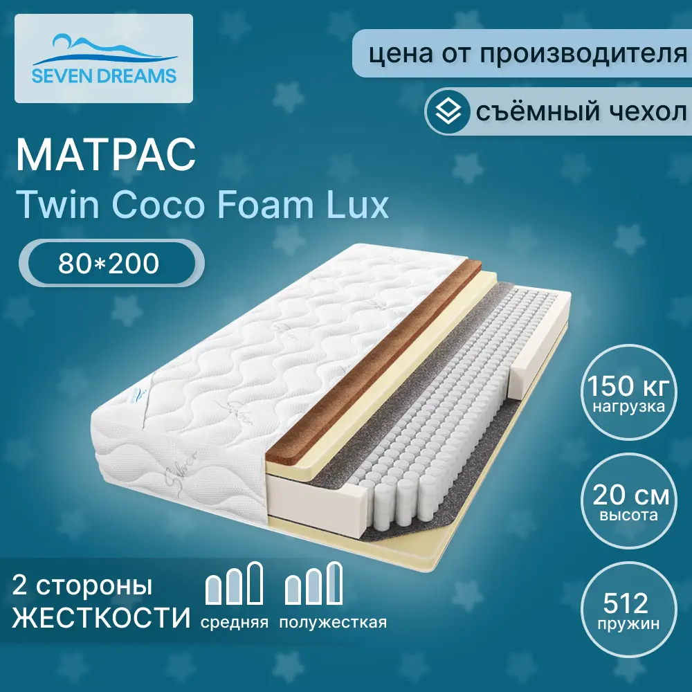 Фото Матрас Seven Dreams Twin Coco Foam Lux 80x200x20 см независимый пружинный блок, односпальный Фото Матрас Seven Dreams Twin Coco Foam Lux 80x200x20 см независимый пружинный блок, односпальный