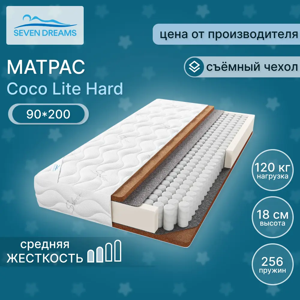 Фото Матрас Seven Dreams Coco Lite Hard 90x200x18 см независимый пружинный блок, односпальный Фото Матрас Seven Dreams Coco Lite Hard 90x200x18 см независимый пружинный блок, односпальный