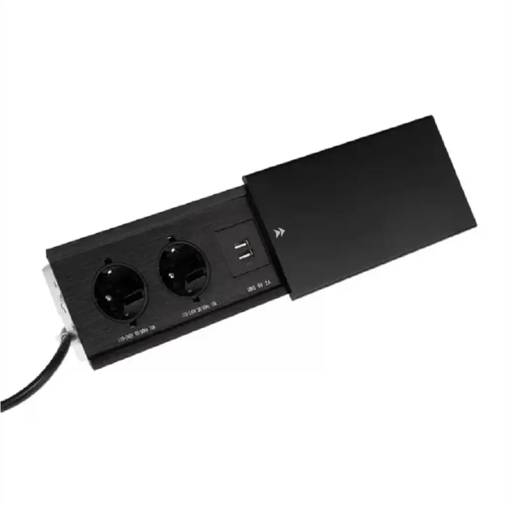 Фото 3 Розетка выдвижная двойная встраиваемая Inrior ST-02-20 с заземлением 2 USB горизонтальная цвет черный Фото 3 Розетка выдвижная двойная встраиваемая Inrior ST-02-20 с заземлением 2 USB горизонтальная цвет черный