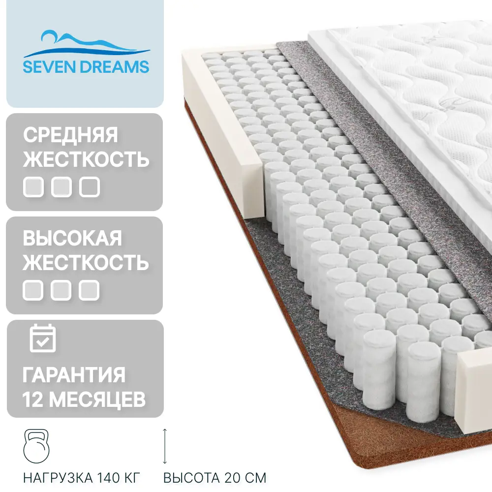 Фото 3 Матрас Seven Dreams twin coco double eco lux 80x190x20 см независимый пружинный блок, односпальный