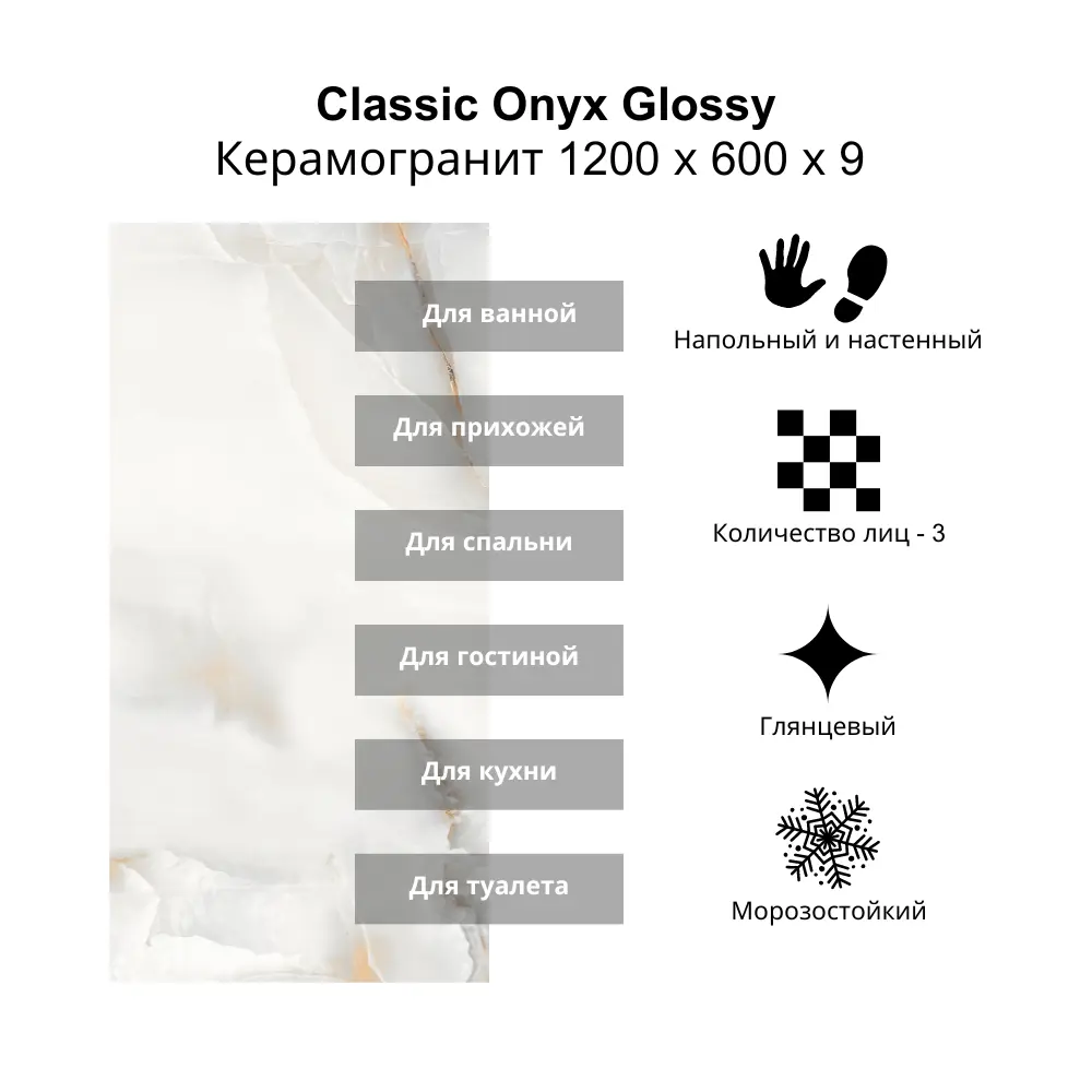 Фото 2 Керамогранит Kerald Classic onyx Classic Onyx Glossy 60x120см 1.44 м² цвет бежевый, цена за упаковку Фото 2 Керамогранит Kerald Classic onyx Classic Onyx Glossy 60x120см 1.44 м² цвет бежевый, цена за упаковку
