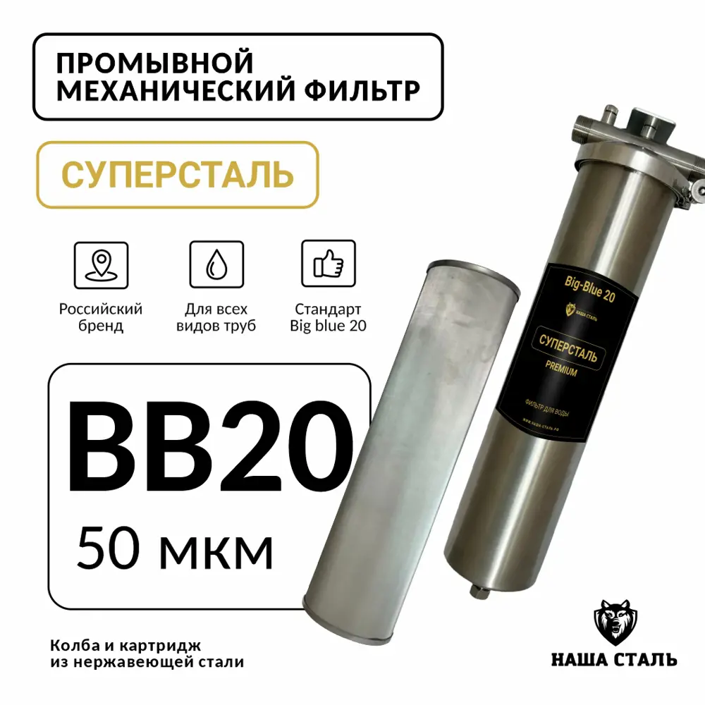 Фото Фильтр сетчатый промывной Наша Сталь Big Blue 20 50мкм Фото Фильтр сетчатый промывной Наша Сталь Big Blue 20 50мкм