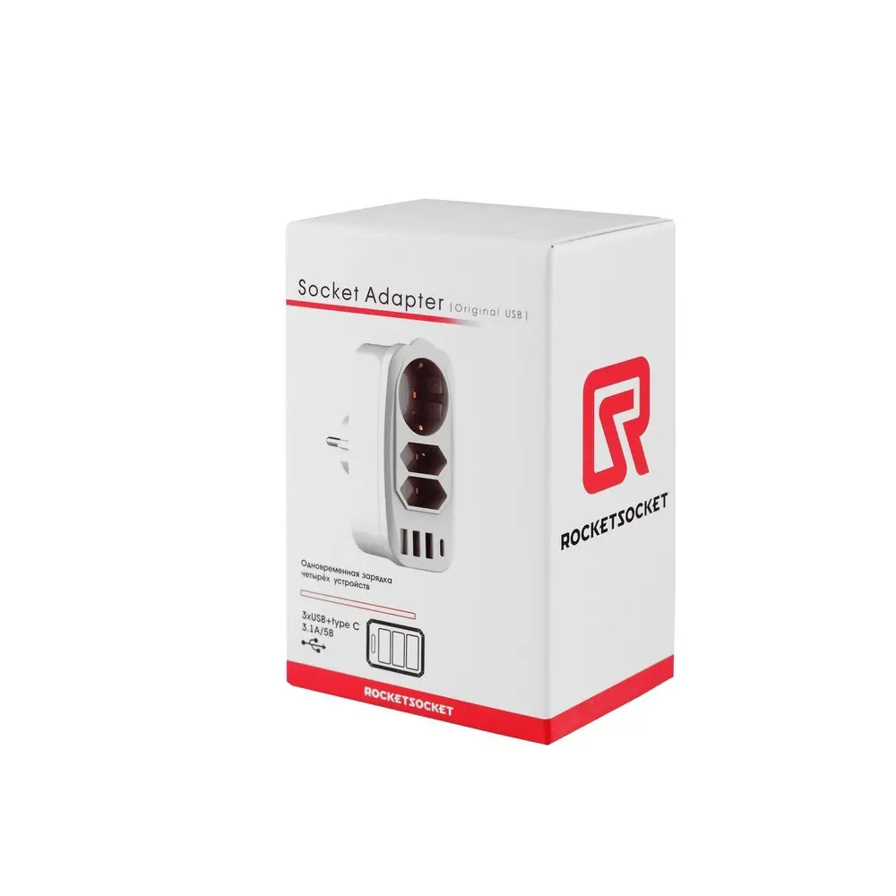 Фото 6 Разветвитель RocketSocket Socket Adapter 3 розетки 16 A 3 USB 3A+C цвет белый Фото 6 Разветвитель RocketSocket Socket Adapter 3 розетки 16 A 3 USB 3A+C цвет белый