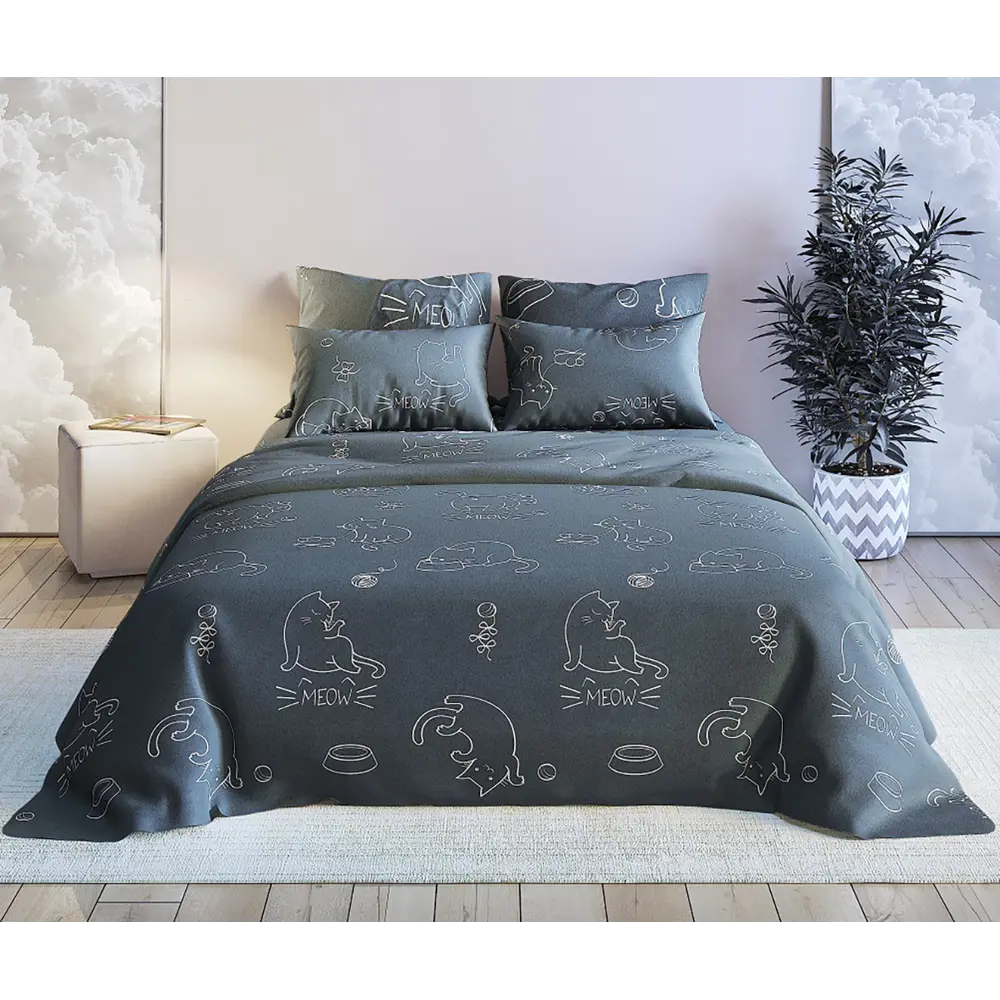Фото Комплект постельного белья Home mercury 30028 Ночной котик 2-спальный перкаль серый