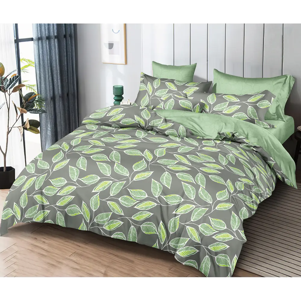 Фото Комплект постельного белья Home mercury 30623 Изумрудная листва евро поплин зеленый