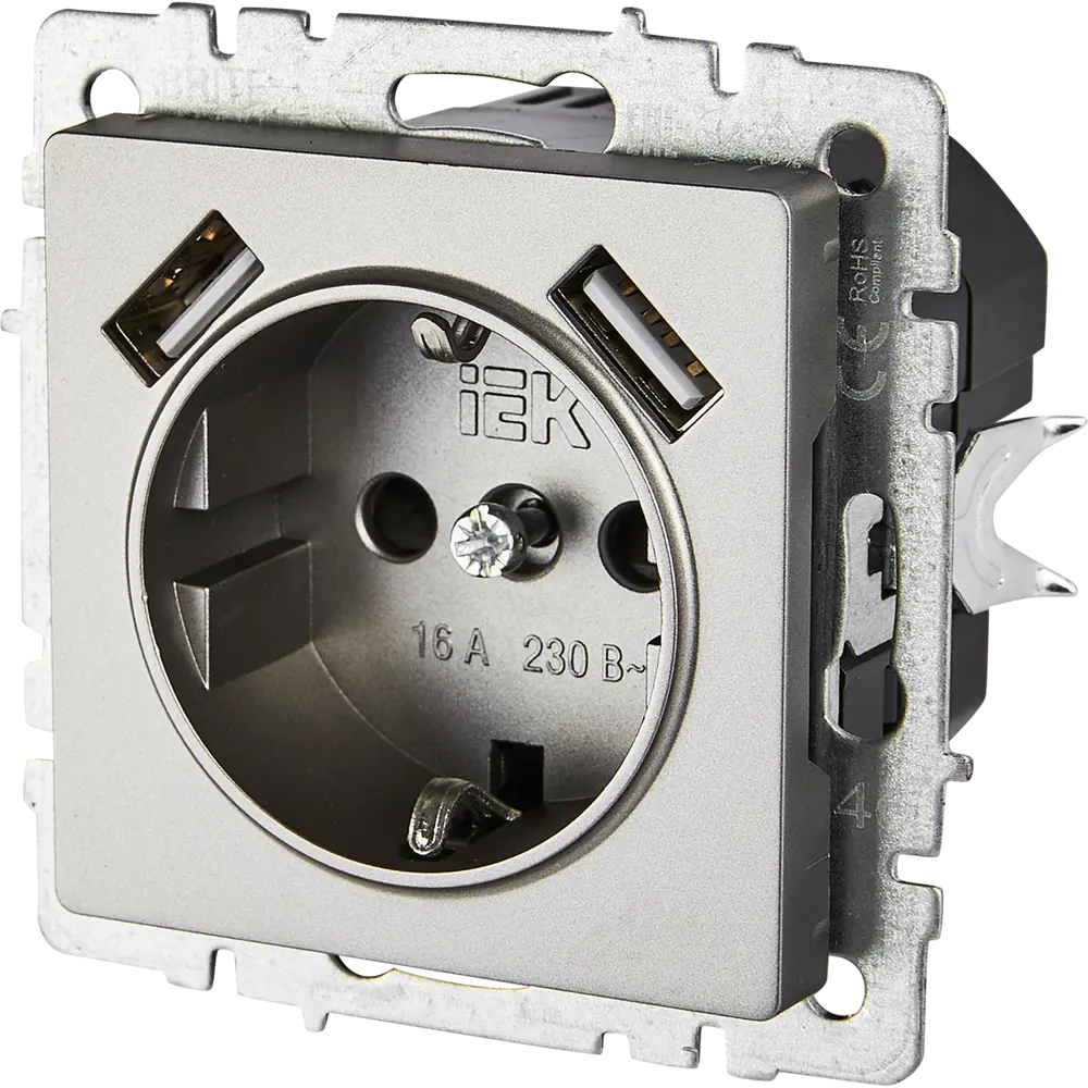 Фото 2 Розетка USB встраиваемая IEK Brite РЮш10-1-БрС с заземлением цвет сталь Фото 2 Розетка USB встраиваемая IEK Brite РЮш10-1-БрС с заземлением цвет сталь