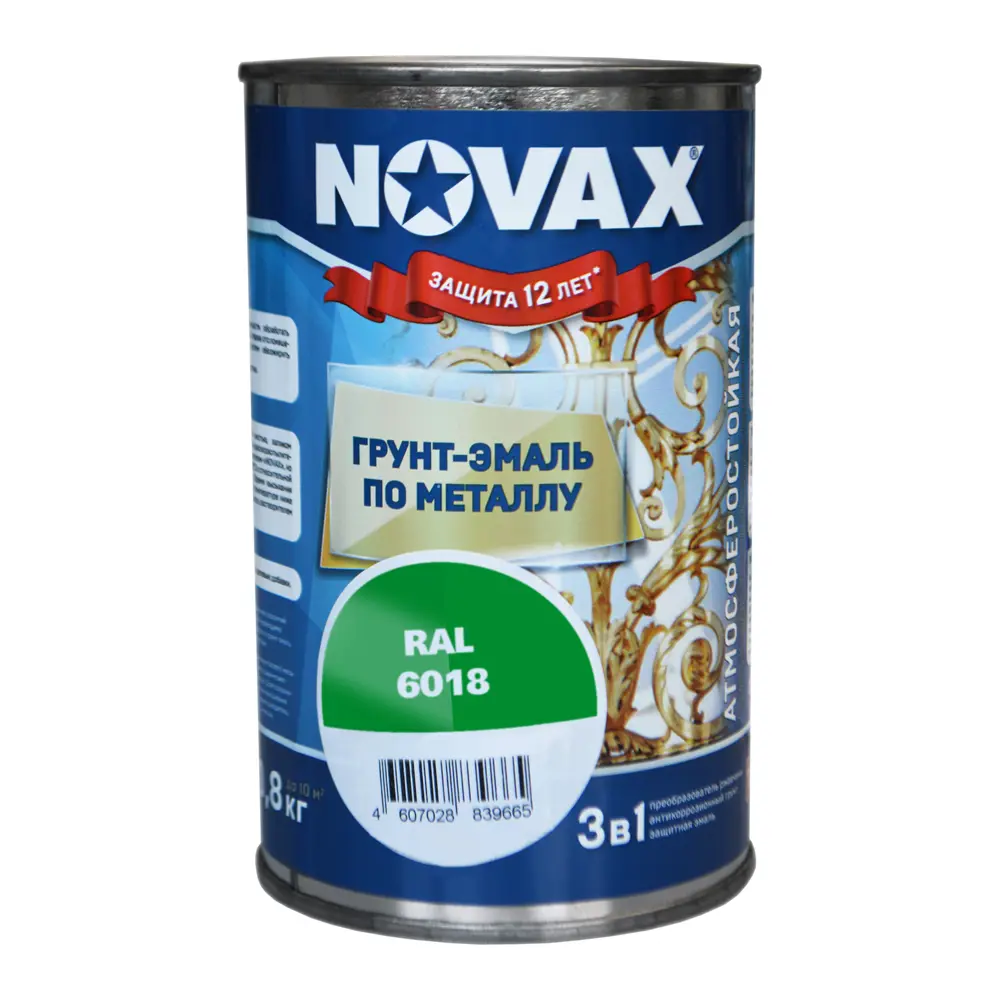 Фото Грунт-эмаль 3 в 1 по металлу Novax матовая цвет зеленый RAL 6018 0.8 кг Фото Грунт-эмаль 3 в 1 по металлу Novax матовая цвет зеленый RAL 6018 0.8 кг