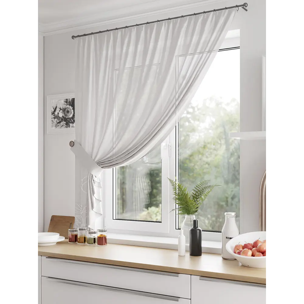 Фото 2 Тюль для кухни на шторной ленте At Home Мернерис 150x180 см цвет белый Фото 2 Тюль для кухни на шторной ленте At Home Мернерис 150x180 см цвет белый
