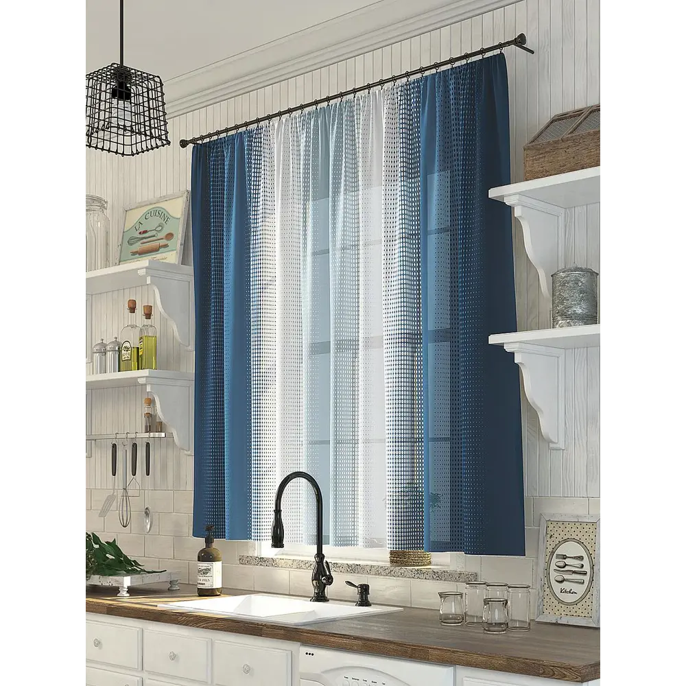 Фото Тюль для кухни на шторной ленте At Home Аврил 300x150 см цвет синий Фото Тюль для кухни на шторной ленте At Home Аврил 300x150 см цвет синий