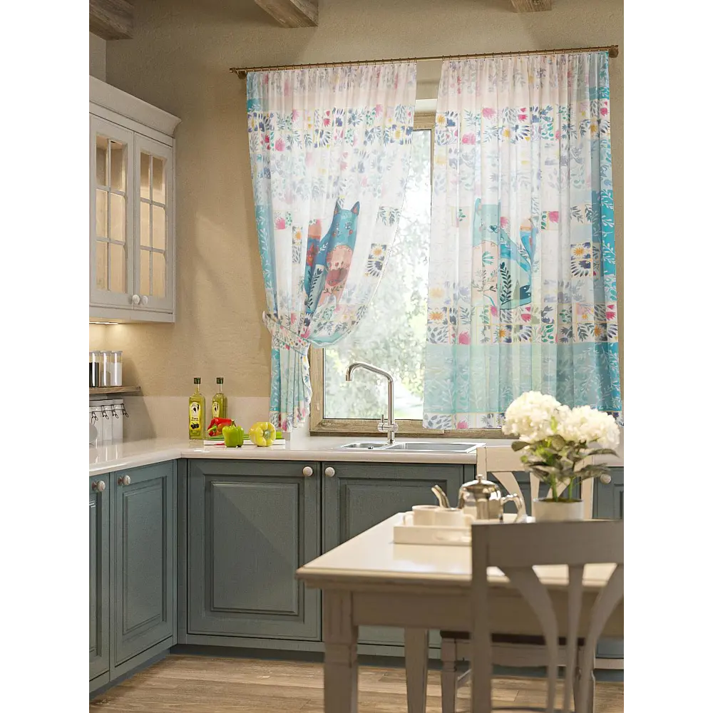 Фото 2 Тюль для кухни на шторной ленте At Home Кетс 150x180 см цвет голубой