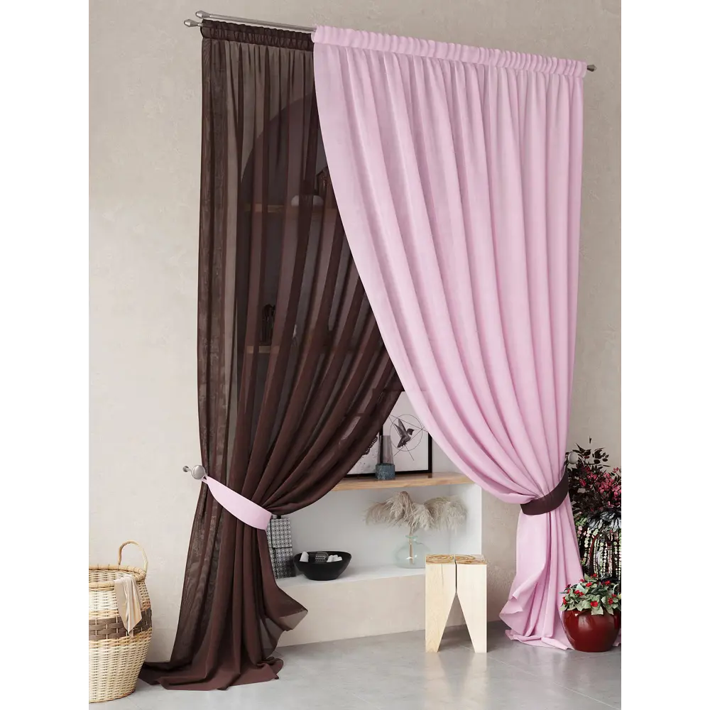 Фото 6 Тюль на шторной ленте At Home Нариа 300x270 см цвет коричнево-розовый