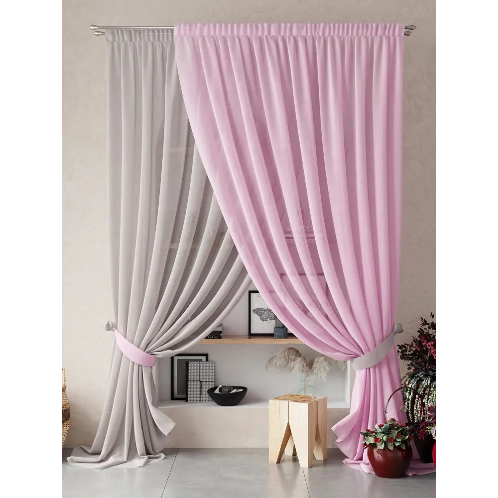 Фото Тюль на шторной ленте At Home Нариа 300x260 см цвет серо-розовый
