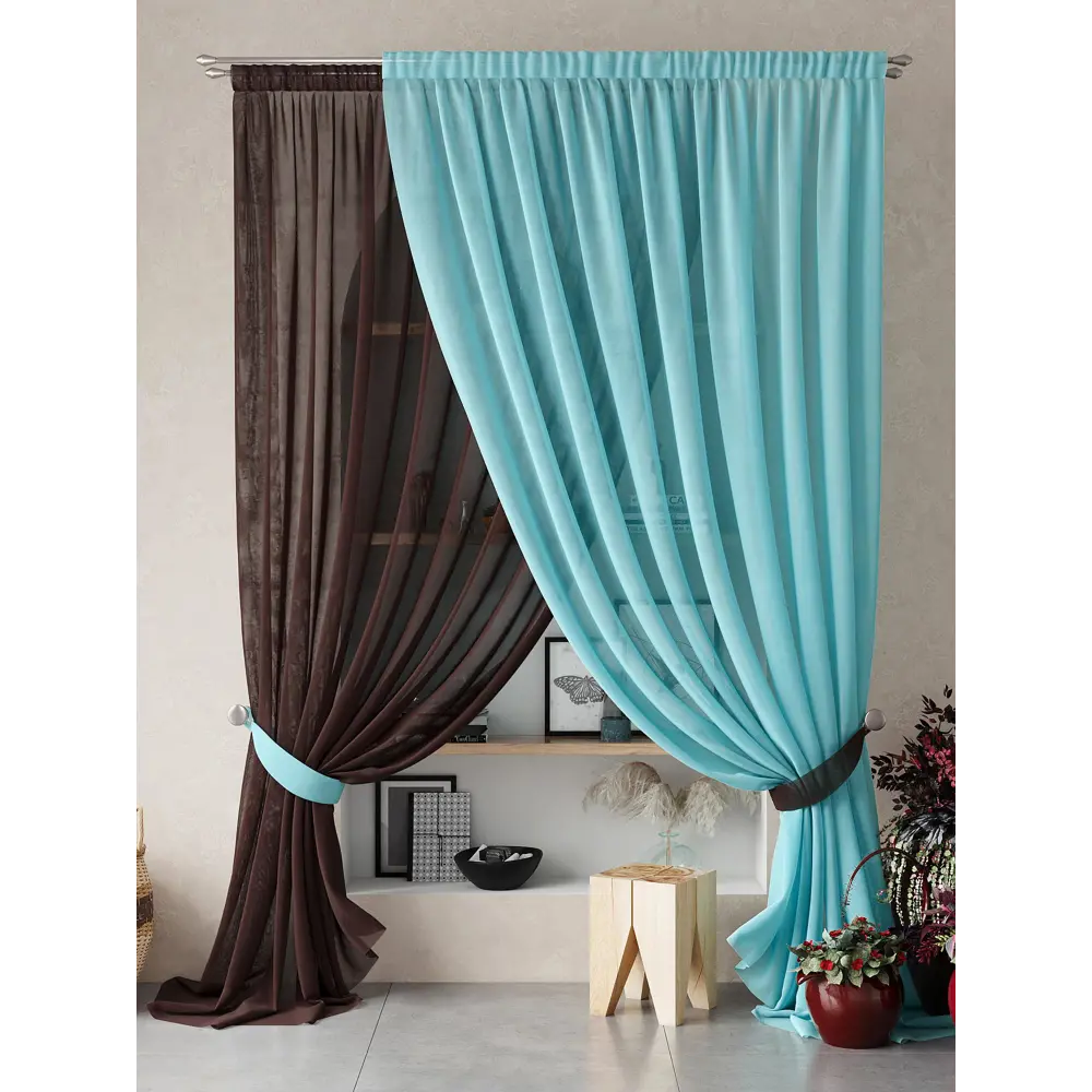 Фото Тюль на шторной ленте At Home Нариа 300x290 см цвет коричнево-бирюзовый Фото Тюль на шторной ленте At Home Нариа 300x290 см цвет коричнево-бирюзовый