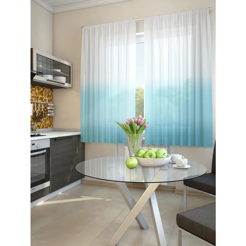 Фото 3 Тюль для кухни на шторной ленте At Home Никар 150x180 см цвет голуб. Фото 3 Тюль для кухни на шторной ленте At Home Никар 150x180 см цвет голуб.