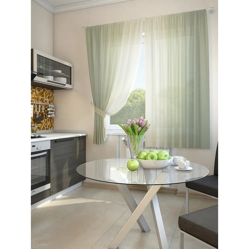 Фото Тюль на шторной ленте для кухни Helga хроа HL-930147 150x180 см цвет бежевый