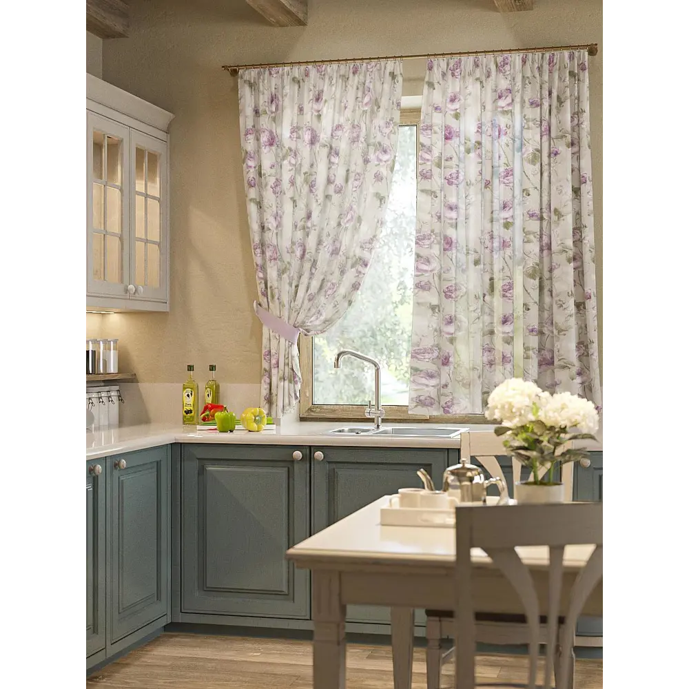 Фото Тюль на шторной ленте для кухни Helga Пеларгония 150x180 см цвет зеленый Фото Тюль на шторной ленте для кухни Helga Пеларгония 150x180 см цвет зеленый