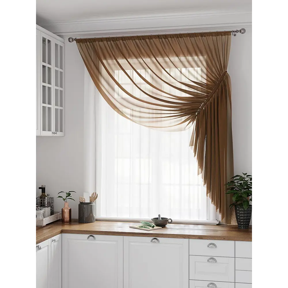 Фото Тюль на шторной ленте для кухни Helga Фуртадо 300x180 см цвет коричневый Фото Тюль на шторной ленте для кухни Helga Фуртадо 300x180 см цвет коричневый